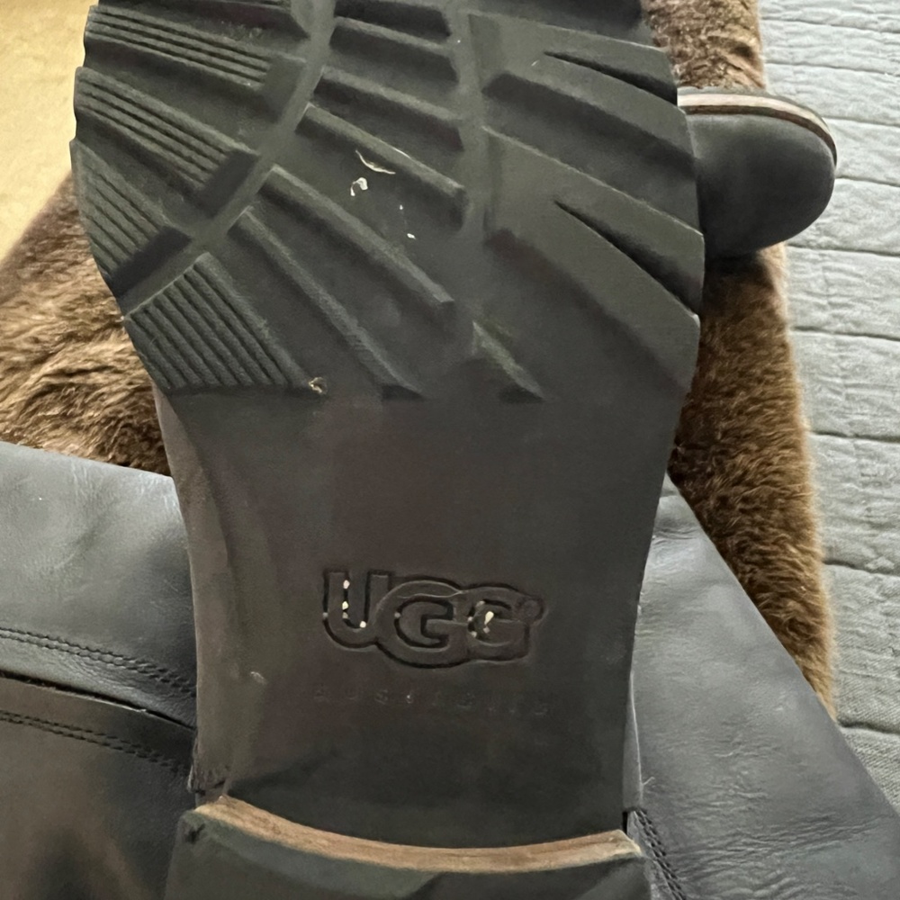 UGG Black Leather Tall Riding Boots with Brown Harness - Picture 3 of 9